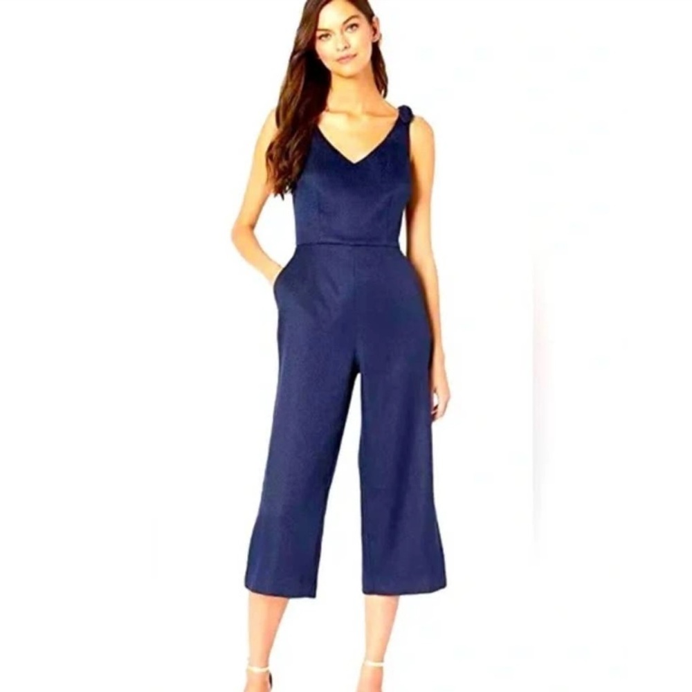 Trina Turk Jumpsuit Women's 8 Blue Crop Wide Leg V Neck Workwear Pockets NWT